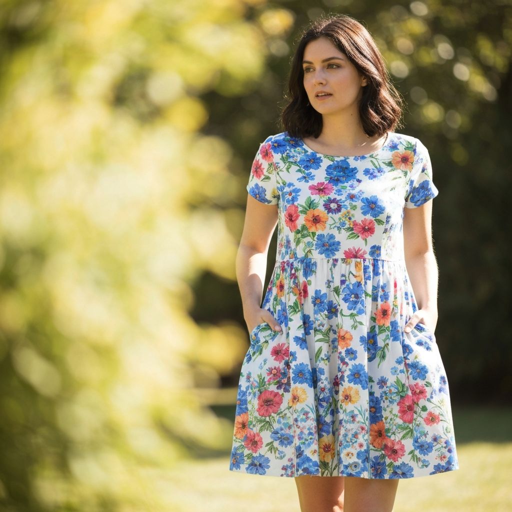 A blue and white floral dress with pockets